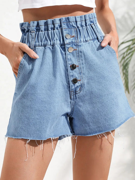 V High-Waisted Denim Shorts