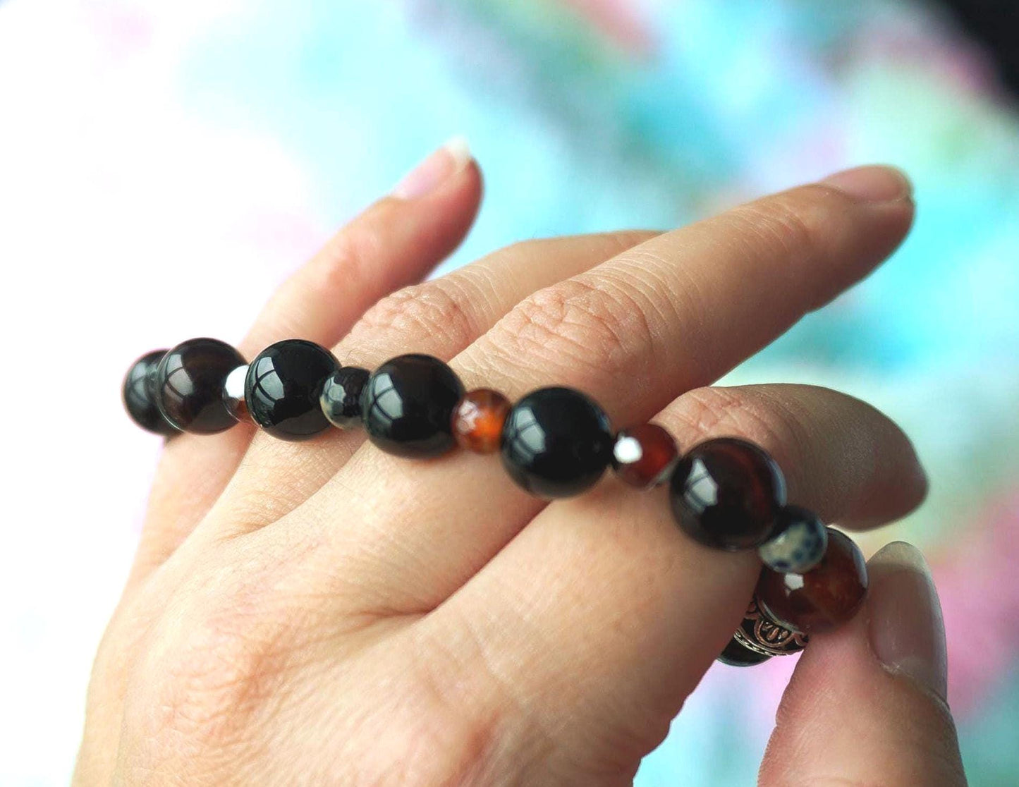 Gemstone Charm Bracelets! Love & Protection - Black and Orange Agate - Dyed Jade