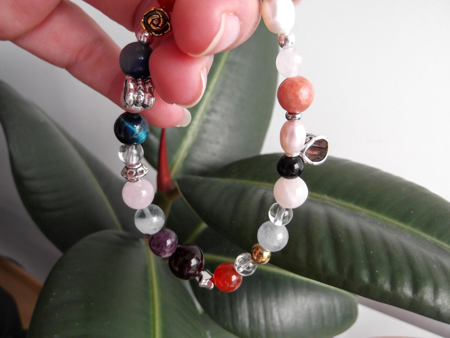 Gemstone Charm Bracelets! Happiness Peace & Clarity - Red Jasper - Orchid Calcite - Clear Quartz - Black and Orange Agate - Angelite - Amethyst - White Jade - Pink and Purple Freshwater Pearls - Black Agate - Blue Tiger Eye - Rainbow Fluorite - Rose Quartz - Purple Jade