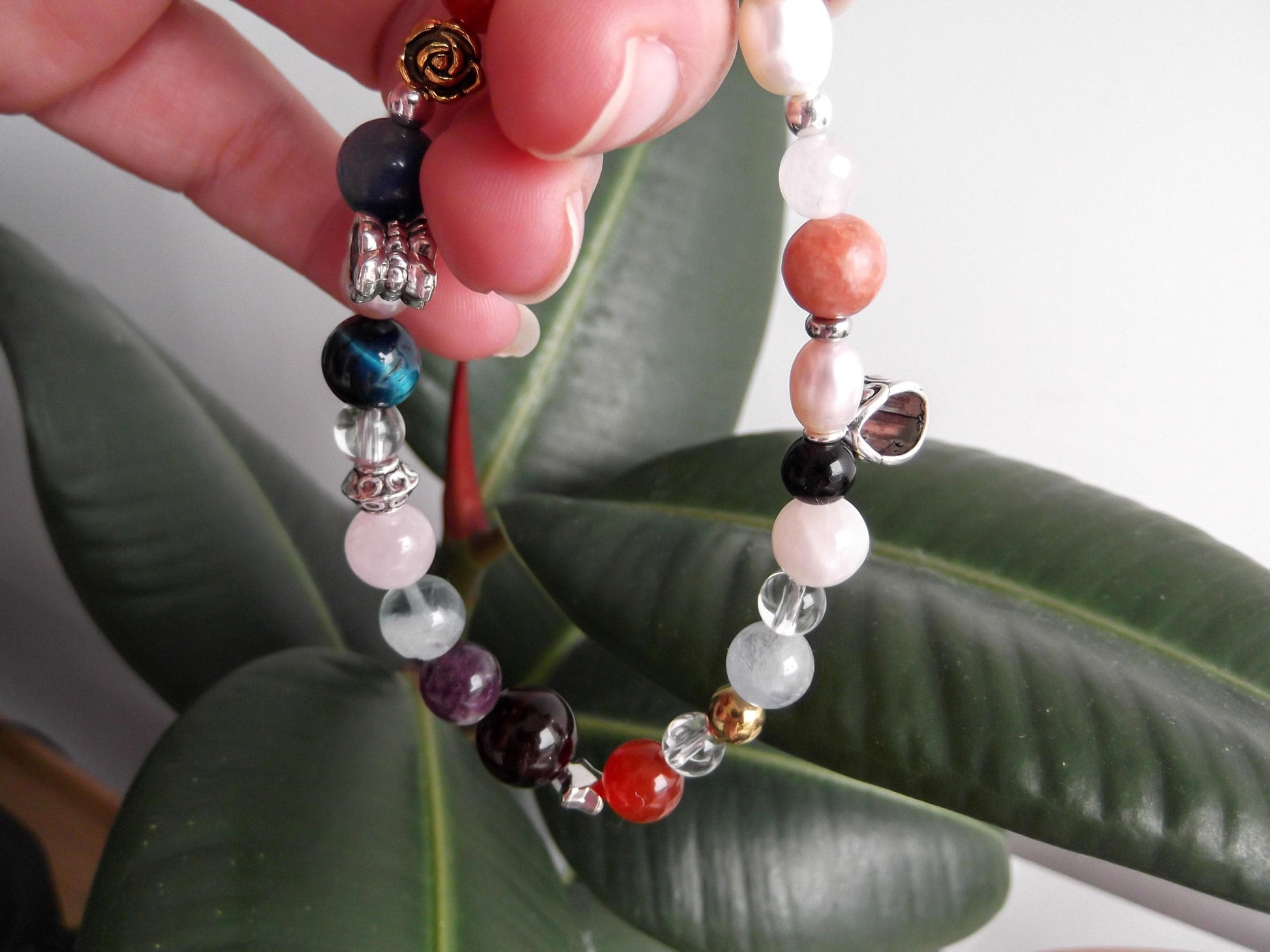 Gemstone Charm Bracelets! Happiness Peace & Clarity - Red Jasper - Orchid Calcite - Clear Quartz - Black and Orange Agate - Angelite - Amethyst - White Jade - Pink and Purple Freshwater Pearls - Black Agate - Blue Tiger Eye - Rainbow Fluorite - Rose Quartz - Purple Jade