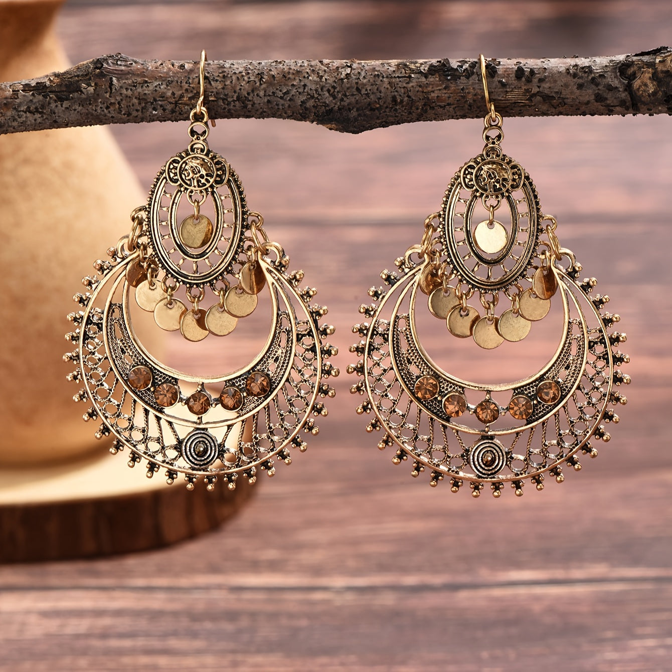 Exquisite Hollow Dangle Earrings Antique Golden