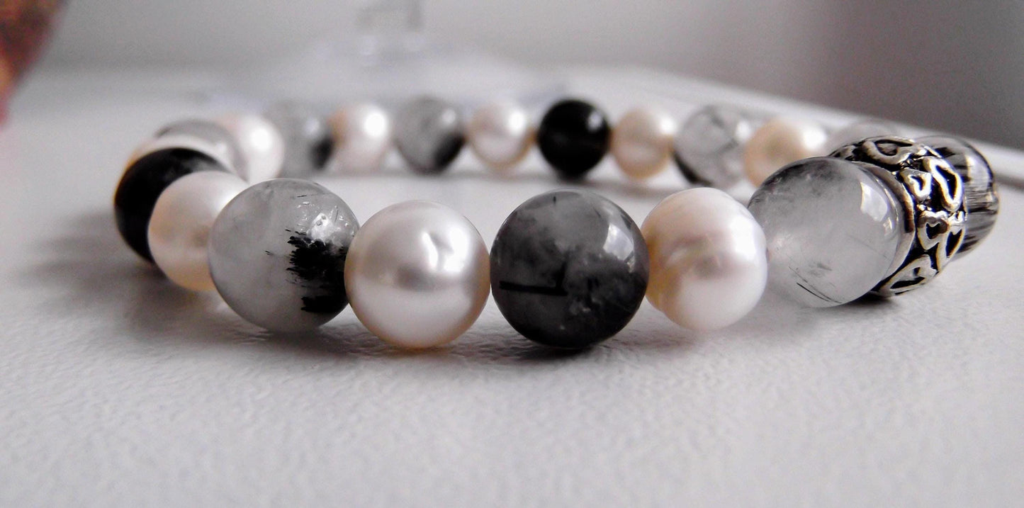 Gemstone Charm Bracelets! Positivity & Purity - White Freshwater Pearls - Tourmalated Quartz