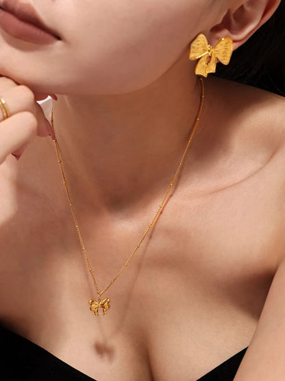 Gold-Plated Bow Earrings and Necklace Set
