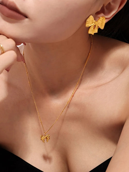 Gold-Plated Bow Earrings and Necklace Set
