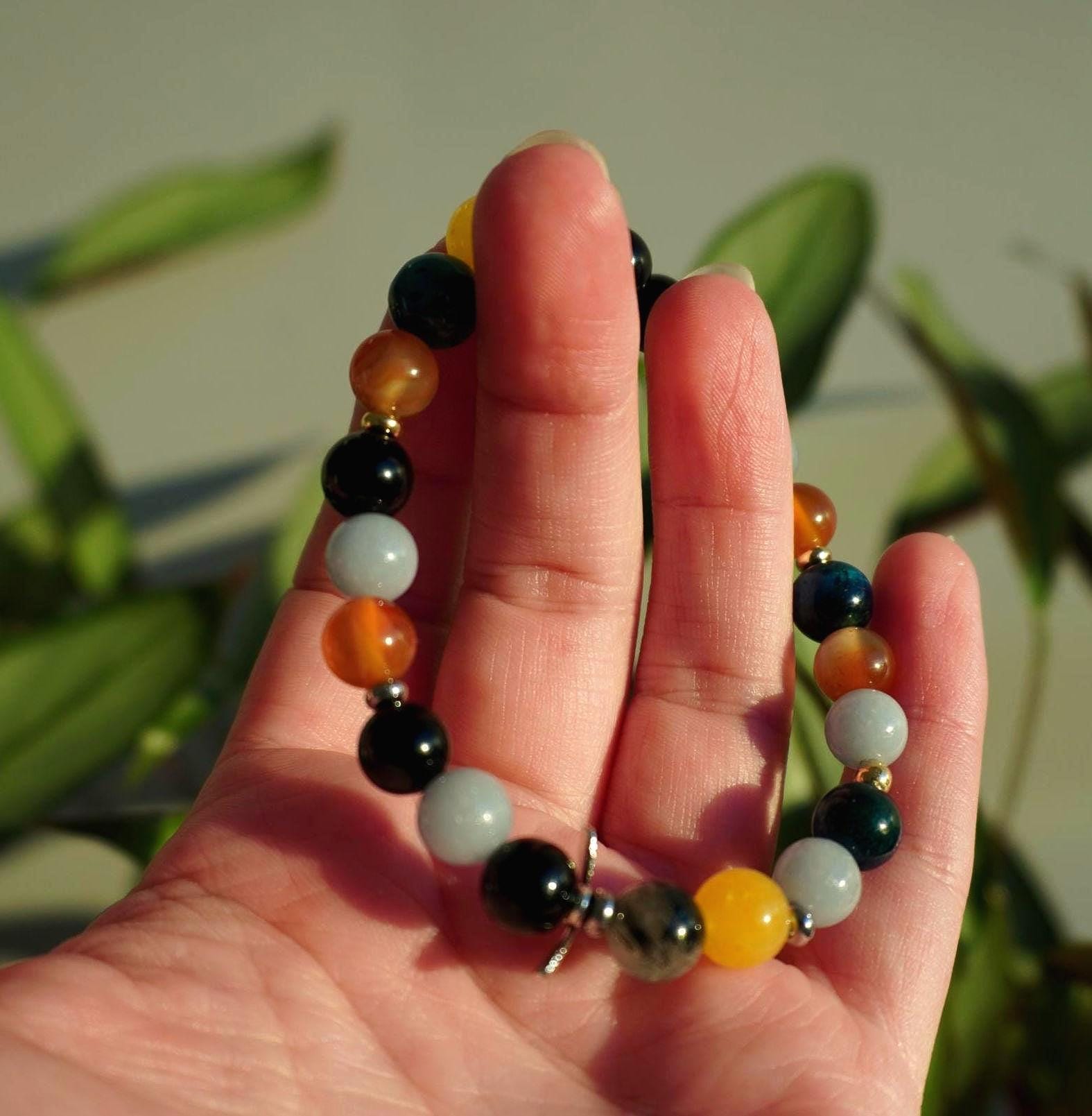 Gemstone Charm Bracelets! Protection & Happiness - Angelite - Yellow Agate - Black Onyx - Orange Agate - Tourmalated Quartz - Blue Tiger Eye