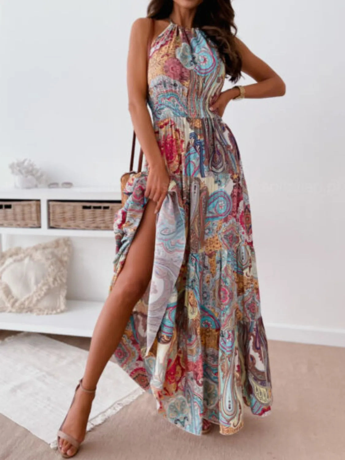 Printed Halter Maxi Dress Blue Flower